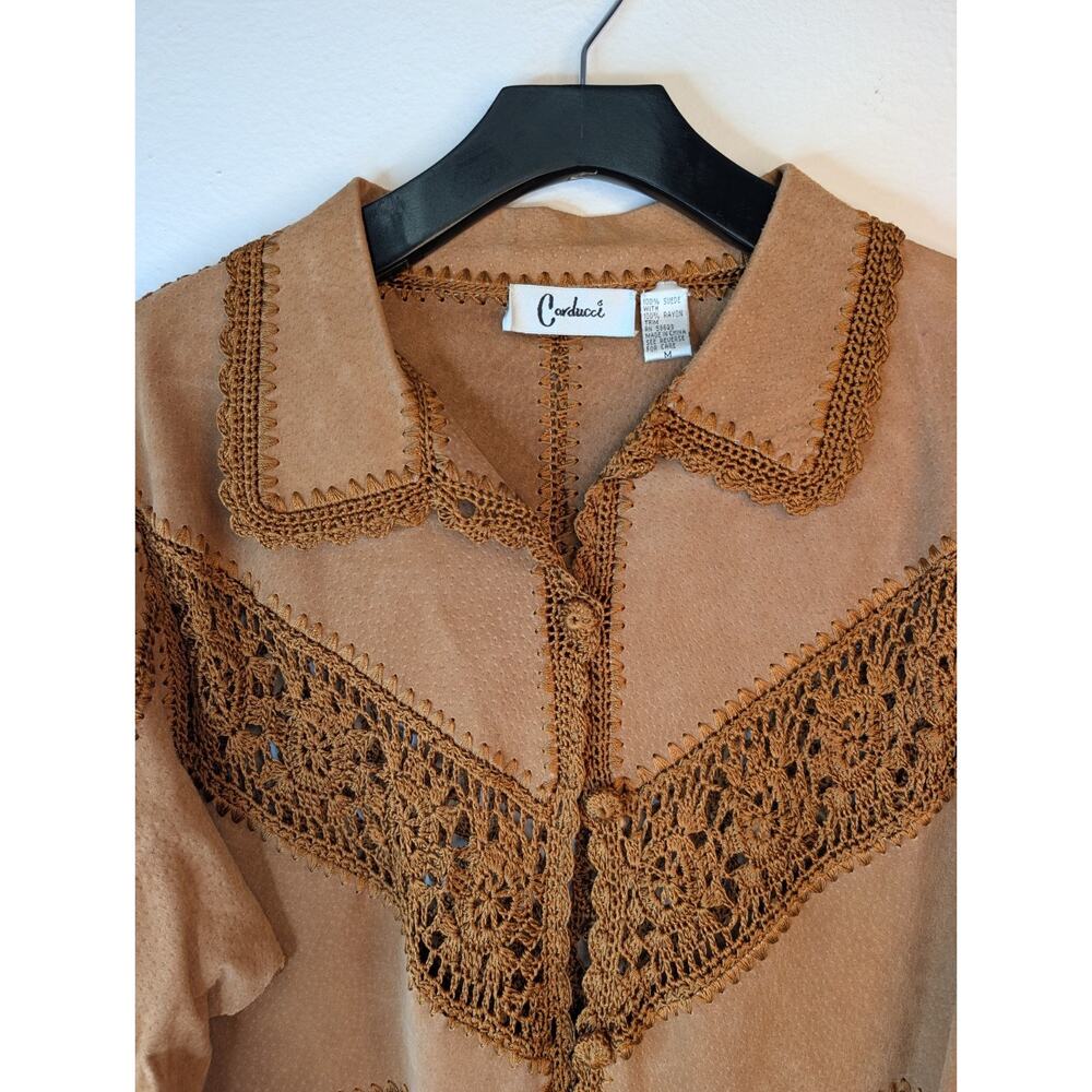 Vintage Carducci Patchwork Suede Leather crochet Jacket Hippie Boho 70s Fairy M - Picture 2 of 7